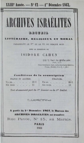 Archives israélites de France. Vol.23 N°12 (décembre 1862)